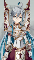 Rule 34 | 1girl, ahoge, alternate costume, armor, blue hair, breastplate, closed mouth, colored inner hair, cowboy shot, full armor, gauntlets, grey eyes, grey hair, hair between eyes, highres, kantai collection, kiyoshimo (kancolle), looking at viewer, luicent, multicolored hair, pauldrons, red skirt, shoulder armor, skirt, smile, solo, two-tone hair