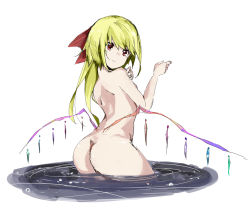 Rule 34 | 1girl, aged up, ass, ayasekira, bad id, bad pixiv id, blonde hair, female focus, flandre scarlet, long hair, looking back, low wings, nude, partially submerged, red eyes, side ponytail, simple background, sketch, solo, standing, touhou, wading, water, white background, wings