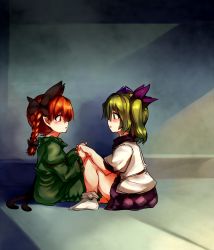 Rule 34 | 2girls, animal ears, bad id, bad pixiv id, braid, cat ears, cat girl, cat tail, checkered clothes, checkered skirt, couple, dress, extra ears, eye contact, female focus, green dress, green eyes, green hair, hair ribbon, hat, highres, himekaidou hatate, holding hands, juliet sleeves, kaenbyou rin, long sleeves, looking at another, mizuga, multiple girls, multiple tails, nekomata, open mouth, puffy sleeves, red eyes, red hair, ribbon, shirt, short sleeves, skirt, tail, tokin hat, touhou, twin braids, twintails, yuri
