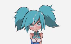 Rule 34 | 1girl, absurdres, bare shoulders, blue eyes, blue gloves, blue hair, blue neckwear, breasts, cleavage, cum, elbow gloves, evie (paladins), eyebrows, facial, female focus, frown, gloves, grey background, highres, paladins, sad, simple background, solo, stuffted, twintails, upper body, white background
