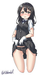 Rule 34 | 10s, 1girl, black bow, black eyes, black hair, black panties, black skirt, black vest, blue ribbon, blush, bow, bow panties, buttons, cameltoe, clothes lift, collared shirt, cowboy shot, cropped legs, ebifurya, gloves, gluteal fold, hair between eyes, hair ornament, hairclip, highres, kantai collection, lifting own clothes, long hair, looking at viewer, neck ribbon, open mouth, oyashio (kancolle), panties, pleated skirt, ribbon, shirt, short sleeves, sidelocks, simple background, skirt, skirt lift, sleeveless, solo, tears, twitter username, underwear, vest, white background, white gloves, white shirt