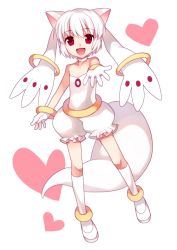 Rule 34 | 10s, 1girl, animal ears, bad id, bad pixiv id, cat ears, cat girl, cat tail, female focus, full body, heart, kyubey, mahou shoujo madoka magica, mahou shoujo madoka magica (anime), outstretched hand, personification, pink hair, red eyes, simple background, smile, solo, tail, wasabi (sekai), white background