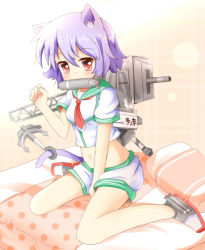Rule 34 | 10s, 1girl, anchor, animal ears, arm support, cat ears, cat tail, commentary request, crop top, futon, kantai collection, kemonomimi mode, looking at viewer, machinery, midriff, mouth hold, navel, pillow, purple hair, red eyes, school uniform, serafuku, short hair, short sleeves, shorts, sitting, solo, tail, tama (kancolle), torpedo, umi suzume, wariza