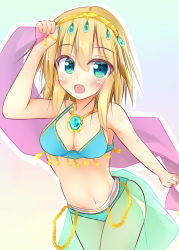 Rule 34 | 1girl, absurdres, alice margatroid, alternate costume, blonde hair, blush, dancer, green eyes, highres, jewelry, kuzumomo, navel, necklace, open mouth, shawl, solo, touhou