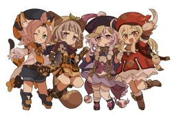 Rule 34 | 4girls, :3, absurdres, ahoge, animal ear fluff, animal ears, animal hood, arm up, backpack, bag, bangs pinned back, bead necklace, beads, black footwear, blonde hair, bloomers, boots, brown footwear, brown gloves, cabbie hat, cat ears, cat girl, child, closed mouth, detached sleeves, diona (genshin impact), dodoco (genshin impact), dress, fingerless gloves, genshin impact, gloves, grey hair, hat, hat feather, highres, holding, holding hands, hood, hood up, iwashi (iwashi008), japanese clothes, jewelry, klee (genshin impact), leaf, leaf on head, long hair, low twintails, multiple girls, necklace, ofuda, one eye closed, open mouth, pink hair, pointy ears, purple hair, purple headwear, qingdai guanmao, qiqi (genshin impact), red dress, red headwear, sayu (genshin impact), short hair, shorts, simple background, tail, thighhighs, twintails, underwear, very long hair, white background, white thighhighs
