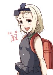 Rule 34 | adapted costume, artist logo, backpack, bag, black dress, black hairband, blonde hair, commentary request, cowboy shot, dated, dress, flat chest, green eyes, hairband, highres, kantai collection, ld (luna dial398), luigi torelli (kancolle), one-hour drawing challenge, open mouth, randoseru, short hair, simple background, sleeveless, smile, solo, teeth, upper teeth only, white background