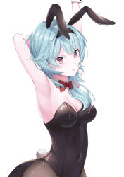 Rule 34 | 1girl, absurdres, animal ears, armpits, arms up, bare arms, bare shoulders, black headband, black pantyhose, blue hair, bow, bowtie, breasts, covered navel, detached collar, eula (genshin impact), fake animal ears, genshin impact, hair between eyes, headband, highleg, highleg leotard, highres, keya (user pnkz5883), lace trim, leotard, light blue hair, long hair, looking at viewer, medium breasts, necktie, pantyhose, parted lips, playboy bunny, purple eyes, rabbit ears, rabbit tail, red bow, red bowtie, side-tie leotard, simple background, solo, stretching, striped, tail, traditional bowtie, vertical stripes, white background, wrist cuffs