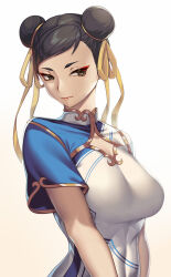 Rule 34 | 1girl, blue dress, breasts, capcom, china dress, chinese clothes, chun-li, covered navel, double bun, dress, eyeliner, gold trim, hair bun, hair ribbon, highres, large breasts, looking to the side, makeup, ribbon, short hair, solo, street fighter, street fighter 6, takanashi-a, white dress