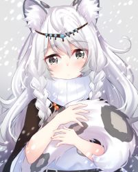 Rule 34 | 1girl, animal ear fluff, animal ears, arknights, black cape, blush, braid, cape, commentary, dress, grey background, grey eyes, hair between eyes, head chain, holding tail, jewelry, kitsuneco, leopard ears, leopard tail, long hair, looking at viewer, pramanix (arknights), silver hair, snowing, solo, tail, turtleneck, turtleneck dress, twin braids, upper body, white dress