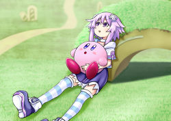 Rule 34 | 1girl, :o, arch, blue eyes, blush, commentary request, crossover, d-pad, d-pad hair ornament, grass, hair ornament, highres, holding person, kirby, kirby (series), kurozero, looking up, neptune (neptunia), neptune (series), nintendo, on ground, open mouth, outdoors, purple eyes, purple footwear, purple hair, purple skirt, short hair, sitting, sitting on lap, sitting on person, skirt, striped clothes, striped thighhighs, thighhighs, triangle mouth