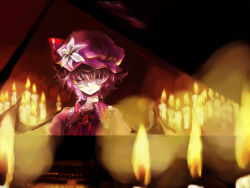 Rule 34 | 1girl, absurdres, alpha.e, ascot, bat wings, blurry, brooch, candle, candlelight, depth of field, dress, expressionless, facing viewer, fire, fire, flower, grand piano, hat, hat flower, hat ribbon, highres, instrument, jewelry, looking down, messy hair, mob cap, music, piano, playing instrument, portrait, purple hair, red eyes, remilia scarlet, ribbon, solo, touhou, wings