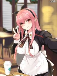 Rule 34 | 1girl, apron, artist name, black ribbon, blurry, blush, breasts, bursting breasts, cafe, character request, cleavage, coffee, collared shirt, depth of field, hair between eyes, hair ribbon, highres, indoors, large breasts, long hair, long sleeves, looking at viewer, mabinogi, maid, pink hair, pocket, pointy ears, puffy long sleeves, puffy sleeves, red eyes, ribbon, selfie, shaojiang, shirt, signature, smile, solo, standing, v, waifu2x, waist apron, white shirt