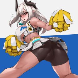 Rule 34 | 1girl, arknights, ass, bare shoulders, bike shorts under skirt, black shorts, blue archive, blue background, breasts, cosplay, crop top, crop top overhang, flying sweatdrops, from behind, grey hair, highres, holding, horns, large breasts, long hair, looking at viewer, looking back, material growth, millennium cheerleader outfit (blue archive), miniskirt, mudrock (arknights), nephlite, open mouth, oripathy lesion (arknights), pointy ears, pom pom (cheerleading), red eyes, shorts, skirt, sleeveless, solo, standing, two-tone background, underboob, white background, white skirt