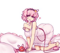 Rule 34 | 1girl, ass, bent over, black hairband, breasts, cleavage, condom, hair ornament, hairband, hater (hatater), heart, heart hair ornament, komeiji satori, large breasts, looking at viewer, mouth hold, pillow, pink eyes, pink hair, short hair, solo, strap slip, third eye, touhou