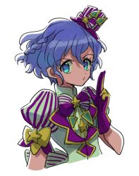 Rule 34 | 1girl, blue eyes, blue hair, braid, closed mouth, commentary request, dorothy west, finger gun, gloves, hat, jacket, looking at viewer, mini hat, mini top hat, pretty series, pripara, puffy short sleeves, puffy sleeves, purple gloves, rituyama1, short hair, short sleeves, side braid, simple background, solo, star (symbol), top hat, upper body, white background