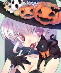Rule 34 | 1girl, black cat, candy, cat, cookie, food, food-themed clothes, food-themed hair ornament, ghost, gloves, hair ornament, halloween, hat, jack-o&#039;-lantern, light purple hair, lollipop, mitake eil, original, pink eyes, pumpkin, pumpkin hair ornament, ribbon, solo, tongue, witch, witch hat