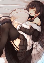 Rule 34 | 10s, 1girl, agano (kancolle), alternate costume, apron, bare shoulders, black hair, black leggings, black thighhighs, blush, breasts, closed eyes, enmaided, frilled pillow, frills, garter belt, garter straps, kantai collection, leggings, long hair, long sleeves, lying, maid, maid apron, hugging object, on side, open mouth, pillow, pillow hug, plan (planhaplalan), sleeping, solo, thighhighs