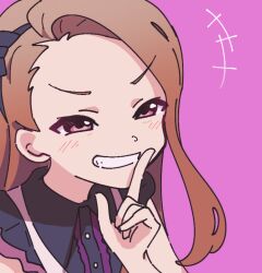 Rule 34 | 1girl, black dress, black hairband, blush, brown hair, close-up, dress, finger to mouth, forehead, grin, hairband, idolmaster, idolmaster (classic), idolmaster 2, index finger raised, long hair, minase iori, nzeneee, pink background, pink eyes, sketch, smile, solo, swept bangs