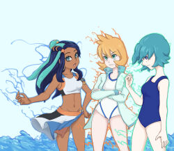 Rule 34 | 3girls, armlet, belly chain, bikini, black hair, blue eyes, blue hair, blush, breasts, brown hair, creatures (company), crop top, crossed arms, dark-skinned female, dark skin, earrings, freckles, game freak, gen 1 pokemon, gen 2 pokemon, gen 7 pokemon, gen 8 pokemon, green eyes, gym leader, hair between eyes, hair bun, hand on own hip, hoop earrings, hug, jacket, jewelry, lana (pokemon), long hair, medium breasts, midriff, misty (pokemon), multicolored hair, multiple girls, navel, necklace, nessa (pokemon), nintendo, one-piece swimsuit, open clothes, open jacket, open mouth, orange hair, pokemon, pokemon hgss, pokemon sm, pokemon swsh, shirt, short hair, single hair bun, sleeveless, sleeveless shirt, small breasts, smile, standing, swimsuit, tank top, tankini, trait connection, trial captain, two-tone hair, water, white one-piece swimsuit