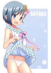 Rule 34 | 10s, 1girl, :d, bare arms, bare shoulders, blue eyes, blue panties, bow, breasts, character name, collarbone, cowboy shot, female focus, flower, hair flower, hair ornament, highres, lifting own clothes, looking at viewer, mahou shoujo madoka magica, miki sayaka, open mouth, outside border, panties, qm, short hair, side-tie panties, smile, solo, standing, underwear