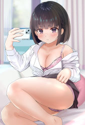 Rule 34 | 1girl, bed sheet, black hair, black skirt, blush, bob cut, bra, breasts, cellphone, cleavage, closed mouth, clothes lift, collarbone, collared shirt, curtains, feet out of frame, highres, holding, holding phone, indoors, iwanishi, lifting own clothes, looking at viewer, medium breasts, original, panties, phone, pink bra, pink panties, purple eyes, shirt, sitting, skirt, skirt lift, smartphone, solo, thighs, underwear, uniform, white shirt, window