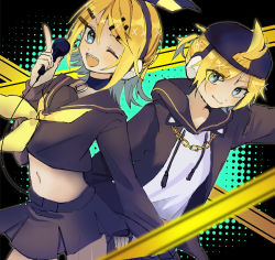 Rule 34 | 1boy, 1girl, :d, absurdres, ahoge, backwards hat, blonde hair, blue eyes, blush, bow, caution tape, chain, chain necklace, choker, crop top, hair bow, hair ornament, hair through headwear, hairclip, hand on own hip, hat, headphones, highres, holding, holding microphone, hood, hoodie, index finger raised, jewelry, kagamine len, kagamine rin, kurebe, long sleeves, looking at another, looking at viewer, medium hair, microphone, miniskirt, navel, necklace, o-ring, o-ring choker, one eye closed, open mouth, outstretched arm, pleated skirt, ponytail, rettou joutou (vocaloid), school uniform, serafuku, short hair, skirt, smile, thighs, vocaloid