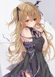 Rule 34 | 1girl, bare shoulders, black ribbon, blonde hair, bow, breasts, dress, eyepatch, fischl (genshin impact), genshin impact, green eyes, hair over one eye, hair ribbon, highres, long hair, looking at viewer, maruro, medium breasts, ribbon, simple background, solo, sunlight, two side up