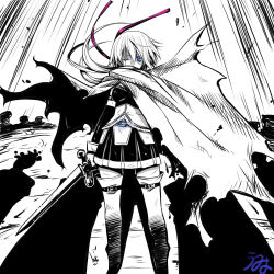 Rule 34 | 10s, 1girl, armor, blue eyes, breastplate, breasts, cape, detached sleeves, high contrast, highres, injury, magical girl, mahou shoujo madoka magica, mahou shoujo madoka magica (anime), miki sayaka, monochrome, ribbon, scar, shadow, signature, skirt, small breasts, spot color, sword, thighhighs, torn cape, torn clothes, umyonge (lkakeu), weapon, wraith (madoka magica), zettai ryouiki