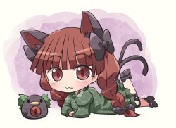 Rule 34 | 1girl, :3, animal, animal ears, bird, black footwear, blush, braid, cat ears, cat tail, closed mouth, crow, dress, full body, green dress, juliet sleeves, kaenbyou rin, leg ribbon, long hair, long sleeves, multiple tails, puffy sleeves, red eyes, red hair, reiuji utsuho, reiuji utsuho (bird), ribbon, rokugou daisuke, signature, smile, solo, tail, touhou, twin braids, two tails