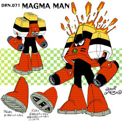Rule 34 | 1boy, ariga hitoshi, arm cannon, armor, artist name, black bodysuit, blue eyes, bodysuit, boots, character name, character sheet, checkered background, chest armor, chest jewel, colored shoe soles, commentary request, concept art, dual arm cannons, embers, fire, from behind, full body, gem, gradient background, green background, green gemstone, grey footwear, highres, humanoid robot, joints, knee boots, looking ahead, looking up, magma man, male focus, mega man (classic), mega man (series), mega man 9, mega man megamix, multiple views, no humans, no mouth, red armor, red footwear, robot, robot joints, scanlines, shoe soles, signature, simple background, standing, three quarter view, translation request, turnaround, weapon, white background