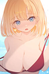 Rule 34 | 1girl, :o, bare shoulders, bikini, blonde hair, blue eyes, blush, breasts, cleavage, collarbone, earrings, head tilt, heart, heart earrings, highres, holly (ruptonotty), hololive, hololive english, jewelry, large breasts, looking at viewer, medium hair, ocean, open mouth, red bikini, solo, strap pull, swept bangs, swimsuit, upper body, virtual youtuber, watson amelia
