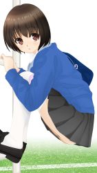 Rule 34 | 1girl, backpack, bag, black footwear, black skirt, blue jacket, brown eyes, brown hair, character request, copyright request, dedenden (pixiv30568724), female pubic hair, from side, grass, grey skirt, highres, jacket, ladder, long sleeves, pleated, pleated skirt, pubic hair, school uniform, shirt, shoes, short hair, skirt, squatting, thighhighs, white shirt, white thighhighs