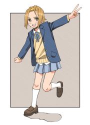 Rule 34 | 1girl, :d, arm up, blazer, blue jacket, blue ribbon, blue skirt, border, brown background, brown eyes, brown footwear, brown hair, chorohanage, commentary request, forehead, full body, hairband, jacket, k-on!, kneehighs, leg up, loafers, looking at viewer, open clothes, open jacket, open mouth, outside border, pocket, ribbon, sakuragaoka high school uniform, school uniform, shirt, shoes, short hair, simple background, skirt, smile, socks, solo, sweater vest, tainaka ritsu, teeth, untucked shirt, upper teeth only, v, vest, white border, white socks, white shirt, yellow hairband, yellow vest