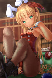 Rule 34 | 1boy, adapted costume, animal ears, ass, ball, bar (place), billiard ball, blonde hair, boots, bow, bowtie, breasts, buttons, cat, cleavage, clip studio paint (medium), closed mouth, commentary request, cue stick, detached collar, ellen (touhou), fake animal ears, fake tail, fishnet pantyhose, fishnets, hair bow, hairband, high heel boots, high heels, highres, indoors, leotard, long hair, on table, pantyhose, playboy bunny, pool table, rabbit ears, rabbit tail, red bow, red hairband, red leotard, shounen (hogehoge), siting, sitting, sitting on table, small breasts, sokrates (touhou), solo, strapless, strapless leotard, table, tail, touhou, touhou (pc-98), very long hair, white cat, wrist cuffs