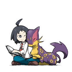 Rule 34 | 1boy, ;), ahoge, belt, black eyes, black hair, blacknirrow, blue pants, book, bright pupils, brown belt, brown footwear, cheren (pokemon), closed mouth, collared shirt, commentary, creatures (company), english commentary, game freak, gen 5 pokemon, holding, holding book, indian style, liepard, necktie, nintendo, nuzzle, one eye closed, open book, pants, pokemon, pokemon (creature), pokemon bw2, red necktie, shirt, shoes, short hair, simple background, sitting, sleeves past elbows, smile, white background, white pupils, white shirt