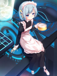 Rule 34 | 1girl, android, apron, black dress, blue eyes, blue hair, blush, closed mouth, commentary request, copyright request, cup, dress, drink, drinking glass, frilled apron, frills, glowing, hand up, headgear, highres, holding, ice, ice cube, juliet sleeves, keyboard (computer), long sleeves, maid, maid apron, maid headdress, mouse (computer), puffy sleeves, short hair, sitting, smile, solo, transparent, virtual youtuber, white apron, yuku (kiollion)