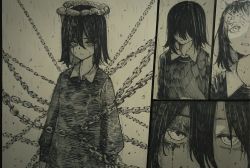 Rule 34 | 1girl, ate5424, black dress, black hair, blood, blood on face, blood splatter, chain, chainsaw man, collared dress, comic, dress, hair between eyes, halo, long hair, long sleeves, monochrome, nayuta (chainsaw man), sleeves past elbows, solo, unusual pupils, white background