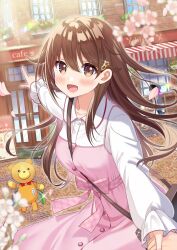 Rule 34 | 1girl, ankimo (tokino sora), bag, blush, breasts, brown eyes, brown hair, cafe, collared shirt, commission, dress, falling petals, hair ornament, highres, holding hands, hololive, long hair, medium breasts, open mouth, outdoors, petals, pinafore dress, pink dress, pink petals, piyopoyo, plant, pointing, pov, shirt, shopping bag, skeb commission, sleeveless, sleeveless dress, star (symbol), star hair ornament, stuffed animal, stuffed toy, teddy bear, tokino sora, virtual youtuber, white shirt, window