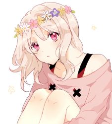 Rule 34 | 1girl, artist request, diabolik lovers, flipped hair, flower, grey hair, head tilt, highres, hugging own legs, komori yui, legs together, looking at viewer, medium hair, off shoulder, parted bangs, pink eyes, pink shirt, shirt, simple background, solo, source request, strap, upper body, white background, wreath