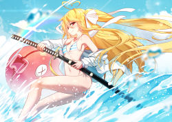 Rule 34 | 1girl, ahoge, animal, bare shoulders, bikini, blonde hair, blue sky, blurry, blurry foreground, blush, borrowed character, breasts, closed mouth, cloud, collarbone, commentary request, day, depth of field, fish, floating hair, hair between eyes, hair ribbon, heart, heart ahoge, holding, holding sheath, holding sword, holding weapon, jacket, katana, long hair, niliu chahui, off shoulder, open clothes, open jacket, original, outdoors, qys3, red eyes, ribbon, sheath, side-tie bikini bottom, sky, small breasts, smile, solo, striped bikini, striped clothes, swimsuit, sword, tokisaki asaba (niliu chahui), two side up, unsheathing, very long hair, water, weapon, white jacket, white ribbon, x x