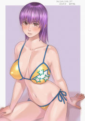 Rule 34 | 10s, 1girl, 2014, ayane (doa), bikini, blush, breasts, brown eyes, dated, dead or alive, female focus, large breasts, lips, looking at viewer, navel, outside border, parted lips, purple background, purple hair, short hair, side-tie bikini bottom, sitting, solo, swimsuit, tecmo, zenkou