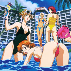 Rule 34 | 1990s (style), 4girls, absurdres, agent aika, aida rion, aika (series), armpits, ass, bent over, bianca (agent aika), bikini, black one-piece swimsuit, blonde hair, blouse, blue bikini, blue delmo, blue one-piece swimsuit, breasts, brown eyes, champagne flute, cleavage, cloud, cocktail umbrella, covered erect nipples, cup, day, delmo, drinking glass, eyewear on head, food, fruit, glasses, golden delmo, green eyes, hand on own hip, highleg, highleg swimsuit, highres, hotel, large breasts, looking at viewer, medium breasts, multiple girls, one-piece swimsuit, orange hair, outdoors, palm tree, pool, pool ladder, poolside, red bikini, red hair, retro artstyle, shirt, short hair, side-tie bikini bottom, sumeragi aika, sunglasses, swimsuit, tan, thighs, tree, valerie (agent aika), wading, water, white shirt, yamauchi noriyasu, yellow one-piece swimsuit