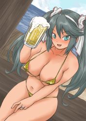Rule 34 | 1girl, absurdres, alcohol, beach, beer, beer mug, bikini, breasts, commentary request, cup, dutch angle, gold bikini, green eyes, grey hair, highres, horizon, isuzu (kancolle), kantai collection, large breasts, long hair, madmax (suzk1125), micro bikini, mug, ocean, outstretched arms, sitting, solo, swimsuit, twintails