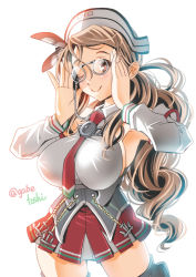 Rule 34 | 10s, 1girl, adjusting eyewear, anchor, armpits, bespectacled, breasts, brown eyes, brown hair, detached sleeves, female focus, glasses, hat, kantai collection, large breasts, littorio (kancolle), long hair, looking at viewer, microskirt, miniskirt, no bra, one eye closed, pince-nez, pleated skirt, ponytail, simple background, skirt, smile, sogabe toshinori, solo, thighhighs, very long hair, white-framed eyewear, white background, wink, zettai ryouiki
