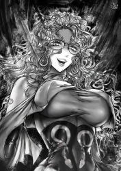 Rule 34 | 1girl, bare shoulders, breasts, detached sleeves, dress, earrings, glasses, greyscale, highres, jewelry, large breasts, lips, long hair, messy hair, monochrome, narrow waist, one-punch man, open mouth, psychos (one-punch man), psykos, snake print, solo, taut clothes, taut dress, the golden smurf, upper body