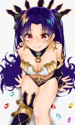 Rule 34 | 1girl, absurdres, alternate hair color, arm support, asymmetrical legwear, asymmetrical sleeves, bandeau, bare shoulders, black ribbon, blue hair, breasts, bridal gauntlets, cleavage, commentary request, detached collar, earrings, elbow gloves, eyelashes, fate/grand order, fate (series), from above, fuzidog, gem, gloves, gold trim, hair ribbon, highres, hoop earrings, ishtar (fate), jewelry, long hair, looking at viewer, medium breasts, midriff, navel, neck ring, parted bangs, red eyes, ribbon, single bridal gauntlet, single elbow glove, single thighhigh, sitting, smile, solo, split mouth, thighhighs, thighs, tiara, twintails, two side up, uneven legwear, uneven sleeves, very long hair