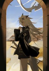 Rule 34 | 1girl, absurdres, animal ears, arknights, black coat, black shorts, blue eyes, blue sky, city, closed mouth, coat, day, feet out of frame, from side, grey hair, high collar, highres, lappland (arknights), long hair, long sleeves, meng ziya, outdoors, scar, scar across eye, scar on face, sheath, sheathed, shorts, sky, solo, standing, sword, tail, weapon, wolf ears, wolf girl, wolf tail