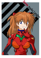 Rule 34 | 1girl, alternate breast size, blue eyes, blush, bodysuit, bracer, breasts, breasts apart, brown hair, character name, eyes visible through hair, gloves, grey background, grin, hair between eyes, hairpods, hand on own chin, hand to own mouth, happy, headgear, hetano yokoduki, long hair, looking at viewer, medium breasts, neon genesis evangelion, pilot suit, plugsuit, simple background, skinny, smile, solo, souryuu asuka langley, turtleneck, two side up, upper body