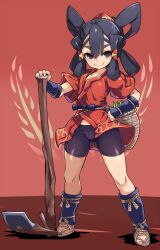 Rule 34 | 1girl, bike shorts, black eyes, black hair, closed mouth, commentary request, full body, gradient background, highres, japanese clothes, karukan (monjya), looking at viewer, red background, sakuna-hime, short hair, smile, solo, standing, tensui no sakuna-hime, toes