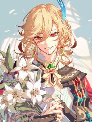 Rule 34 | 1boy, arabian clothes, blonde hair, bouquet, commentary, earrings, feather hair ornament, feathers, flower, flyawaychan, genshin impact, hair ornament, highres, holding, holding bouquet, jewelry, kaveh (genshin impact), lily (flower), long sleeves, male focus, red eyes, smile, solo, symbol-only commentary, upper body, white flower